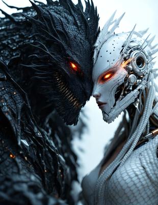 The primary subject of the image is a woman with a futuristic, robotic appearance. She is standing next to a monster, which has a demonic appearance. The setting appears to be a futuristic environment, possibly a dystopian cityscape. The visual style of the image is a combination of digital art and illustration, creating a unique and intriguing scene. The colors and mood of the image are dark and mysterious, with the woman's robotic features contrasting against the demonic mon
